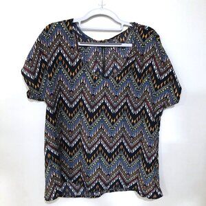 Fun & Flirt Multicolor Patterned Zipper Back Blouse Women's S/M